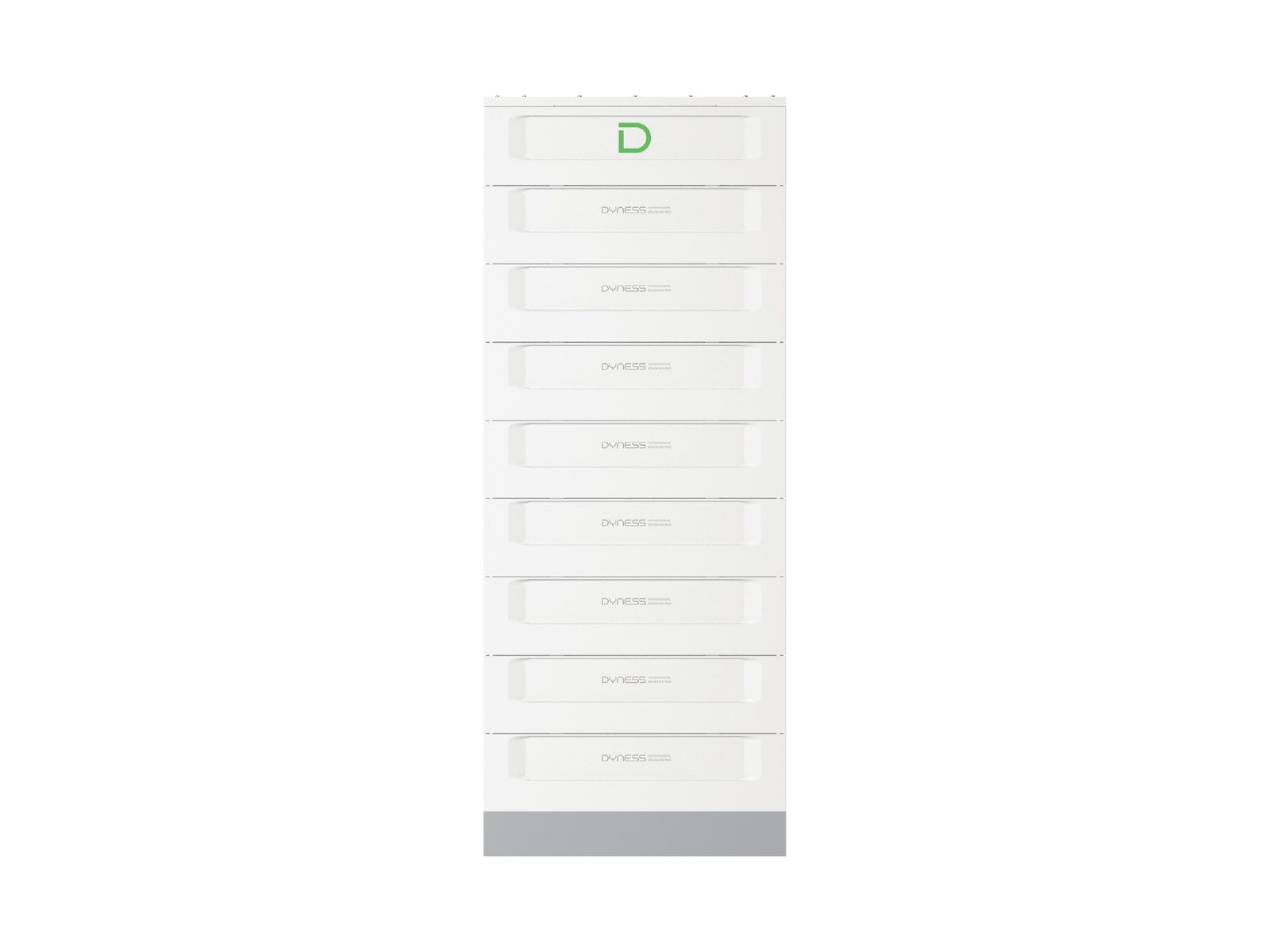 Dyness STACK100 Pro front view: control unit with green D logo above eight battery modules on a grey base