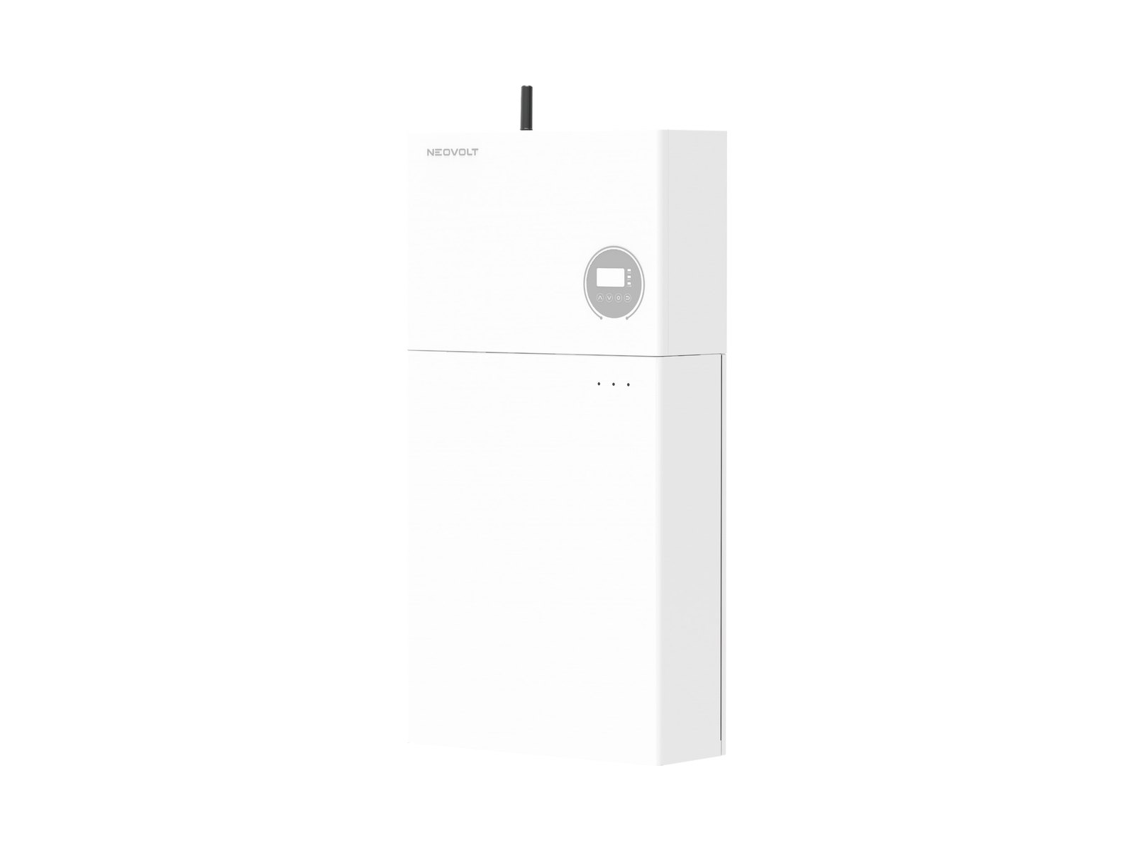 Neovolt single-phase BW-ESS system in white: hybrid inverter with round display and antenna mounted on one BW-BAT-9.6P battery