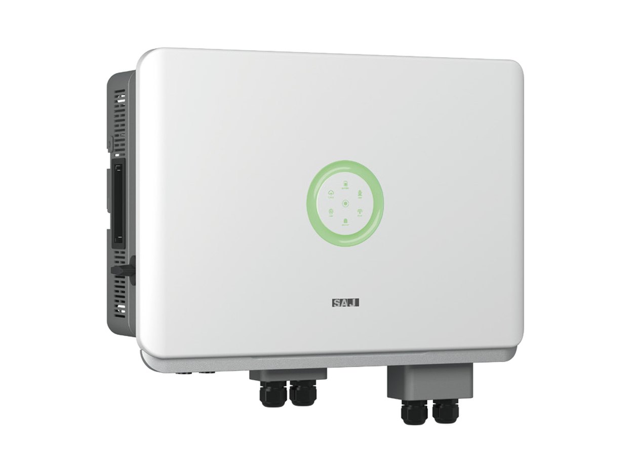 SAJ H2 single-phase hybrid inverter with green ring display, three-quarter front view