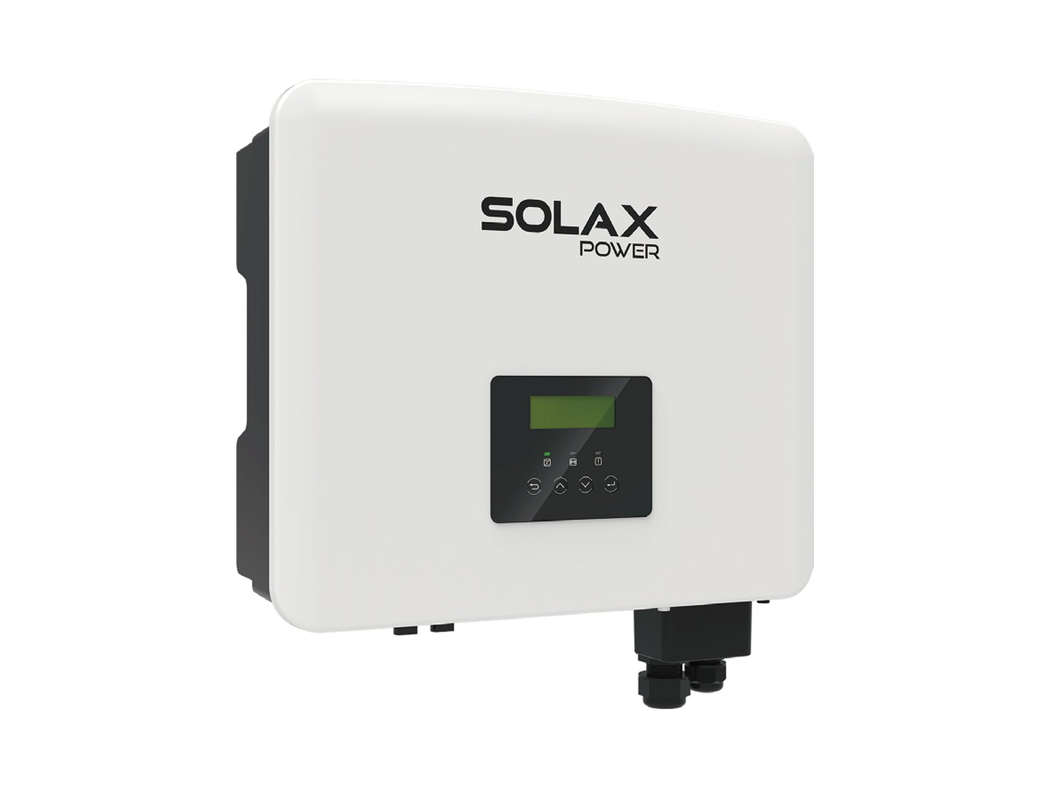 SolaX X1-Hybrid G4 single-phase hybrid inverter in white with LCD screen, shown at an angle