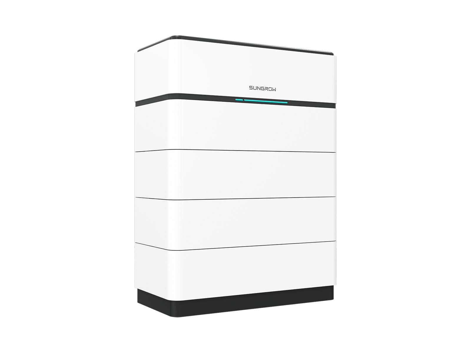Sungrow SBH battery stack: white modules under a Sungrow-branded top unit with a light bar, on a dark base
